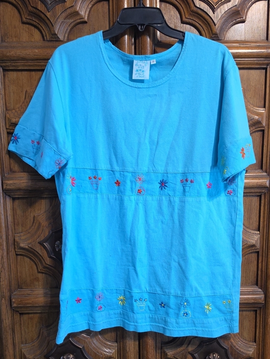 Johnny Was Other - Johnny Was Turquoise Short Sleeve Tee with Multicolor Floral Embroidery